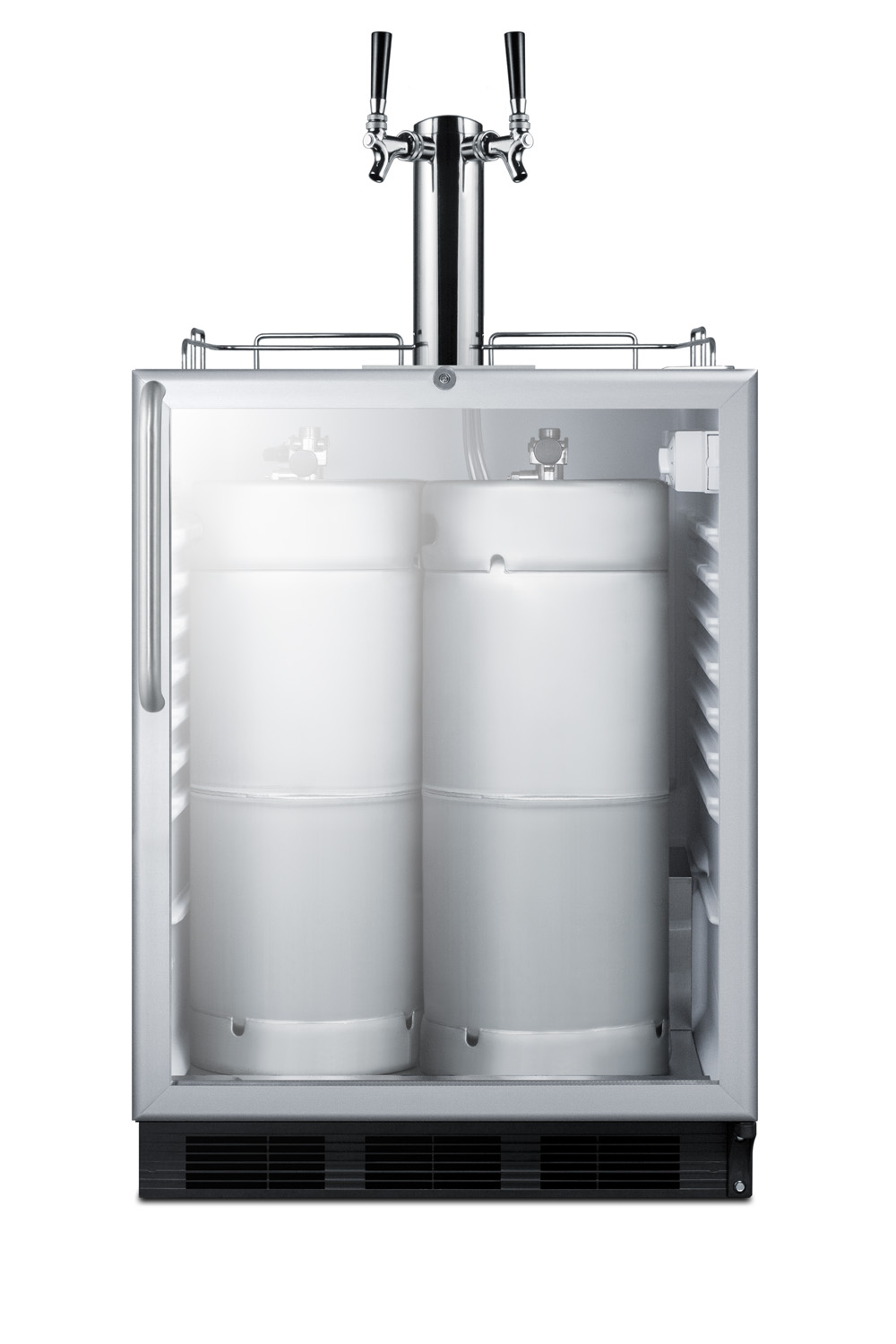 Built-in undercounter ADA height commercially listed dual tap beer dispenser with glass door, lock, and stainless steel wrapped cabinet
